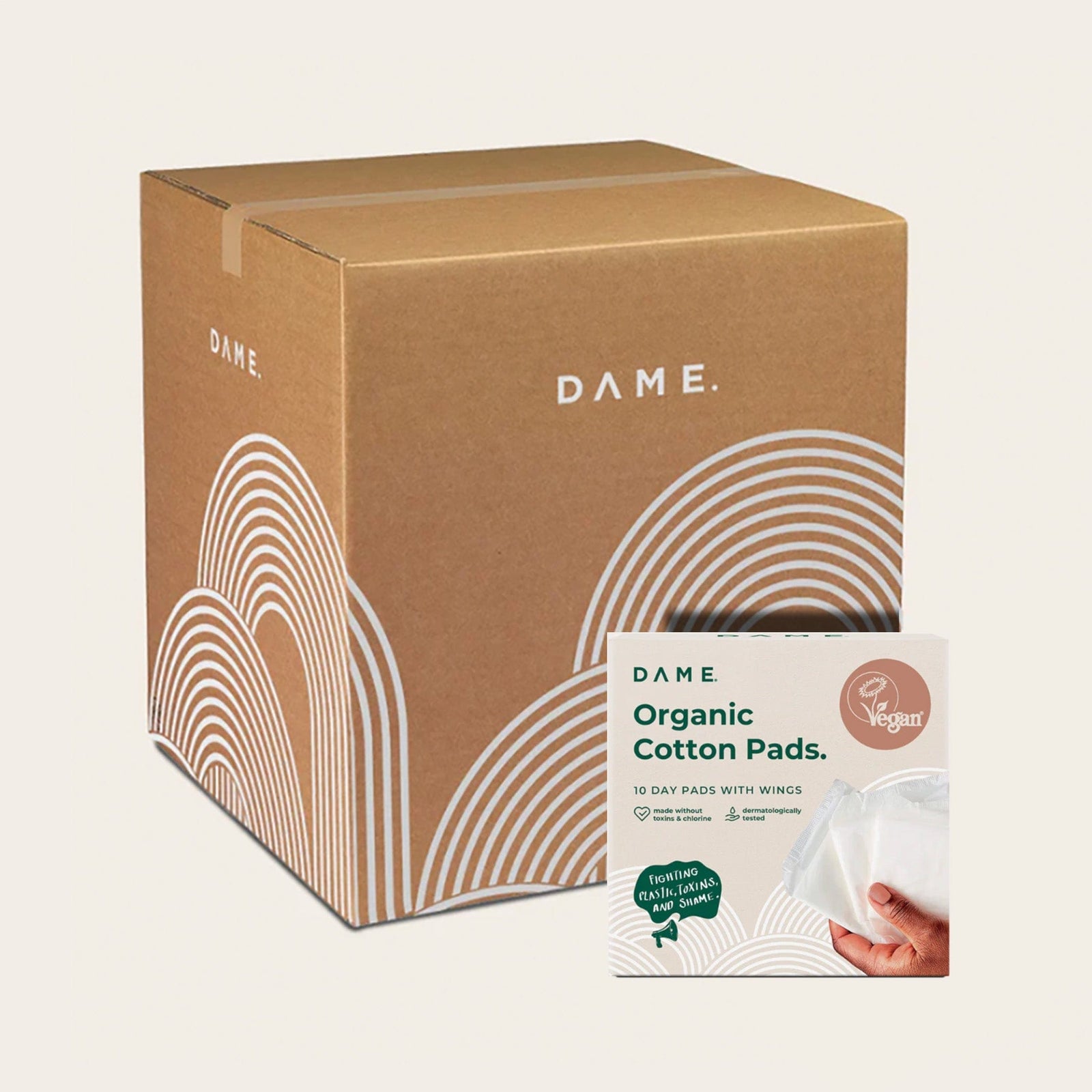 DAME Organic Cotton Pads box featuring eco-friendly period pads with wings. Biodegradable, vegan, and toxin-free for sustainable menstrual care.