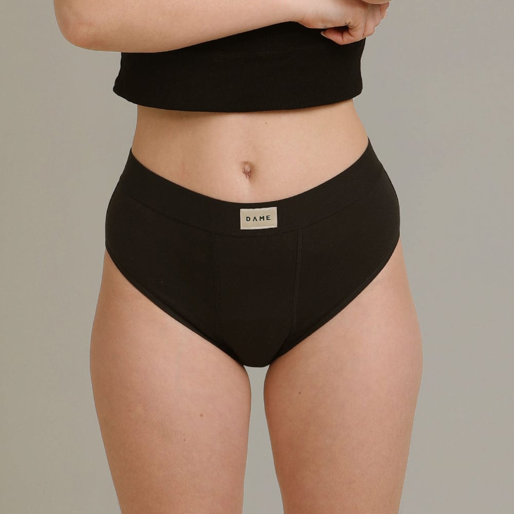 High Waist Period Pant by DAME in black, offering leak-proof protection and comfort for medium flow days. Absorbs up to 3 tampons worth.