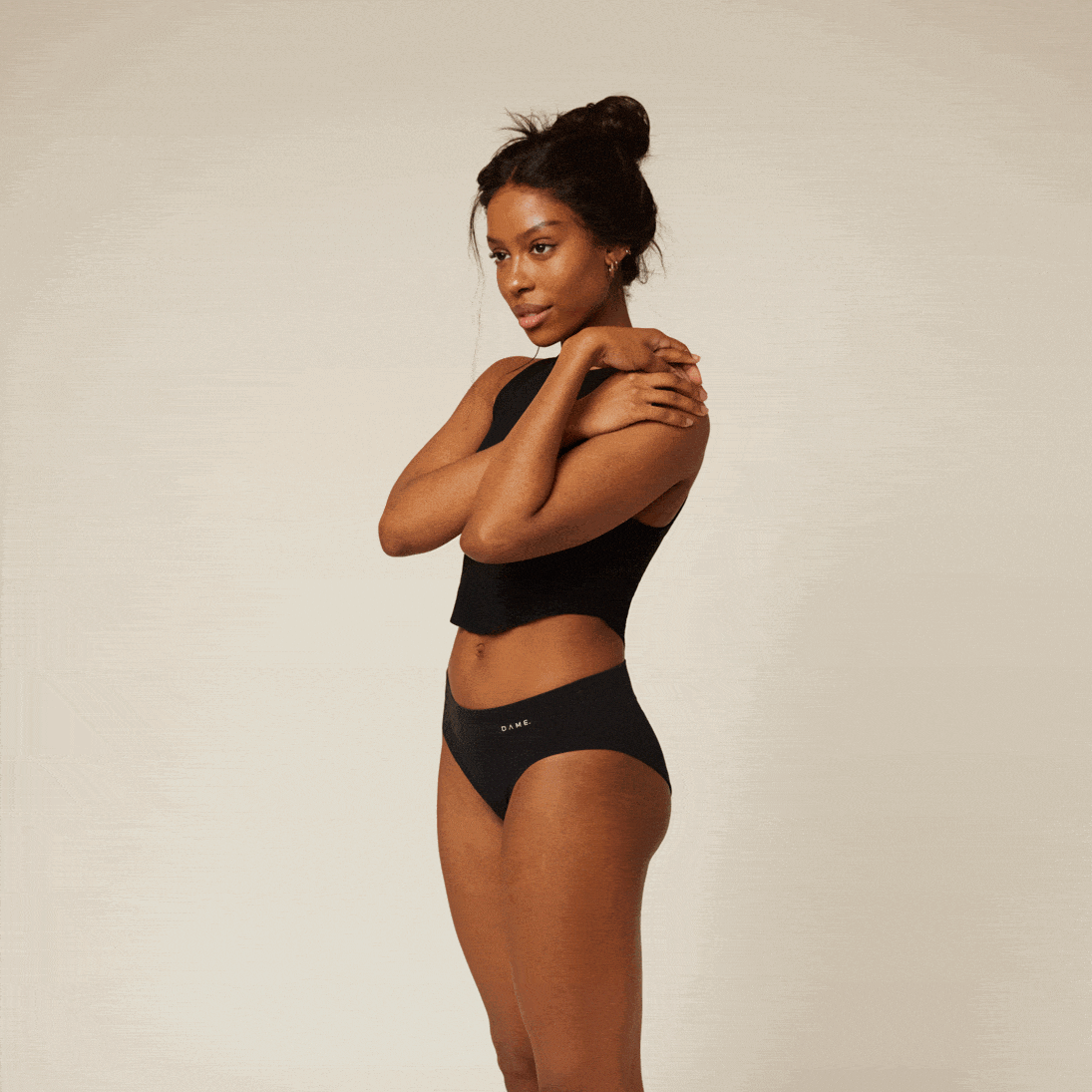 Seamless Period Pants by DAME in black featuring DAMEdry Tech, offering breathable, leak-proof, and eco-friendly menstrual protection for women.