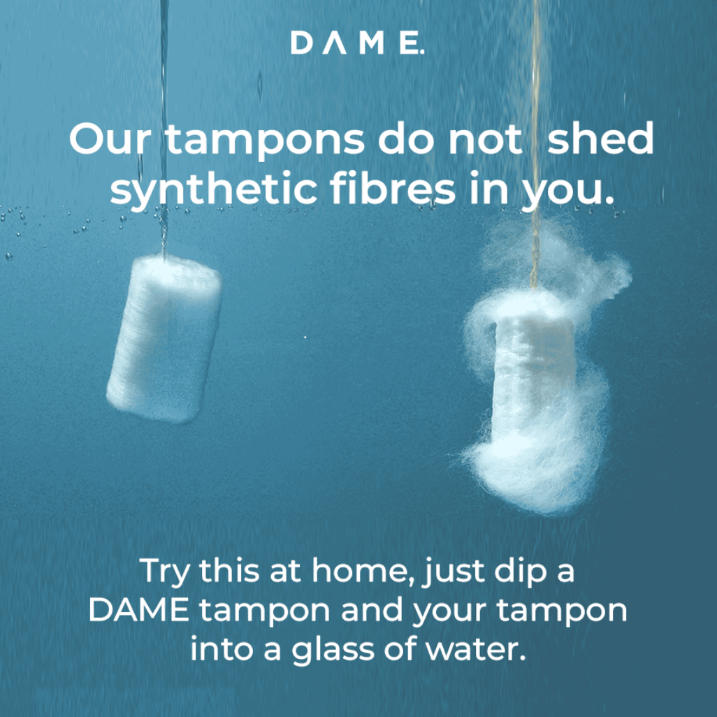 DAME Organic Tampons Value Pack with 64 regular cotton tampons, featuring plastic-free, toxin-free, and vegan-certified packaging design.