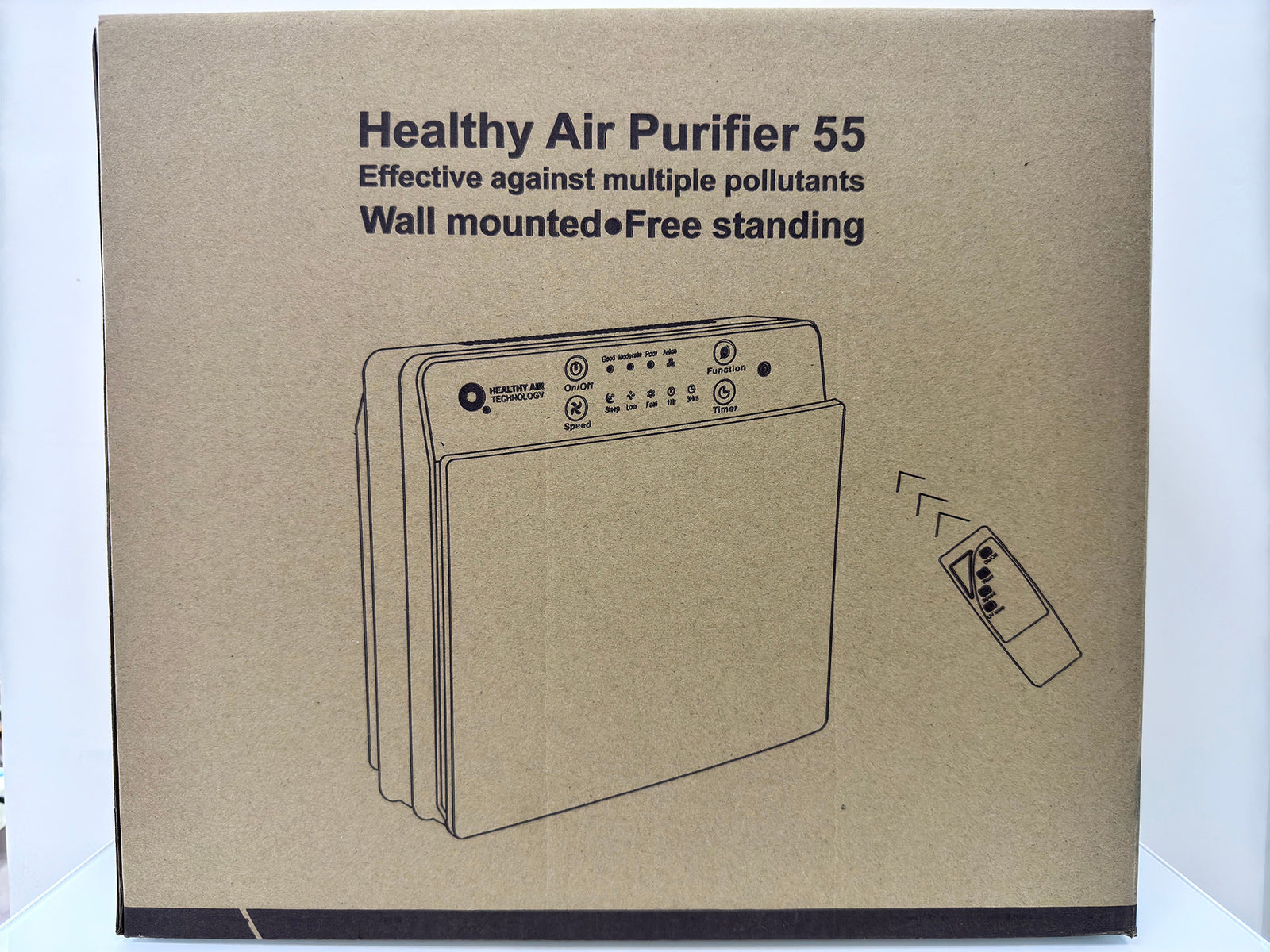 HA55-WM Air Purifier by Healthy Air Technology with wall-mounted compact design and LED control panel for clean air and allergy relief at home.