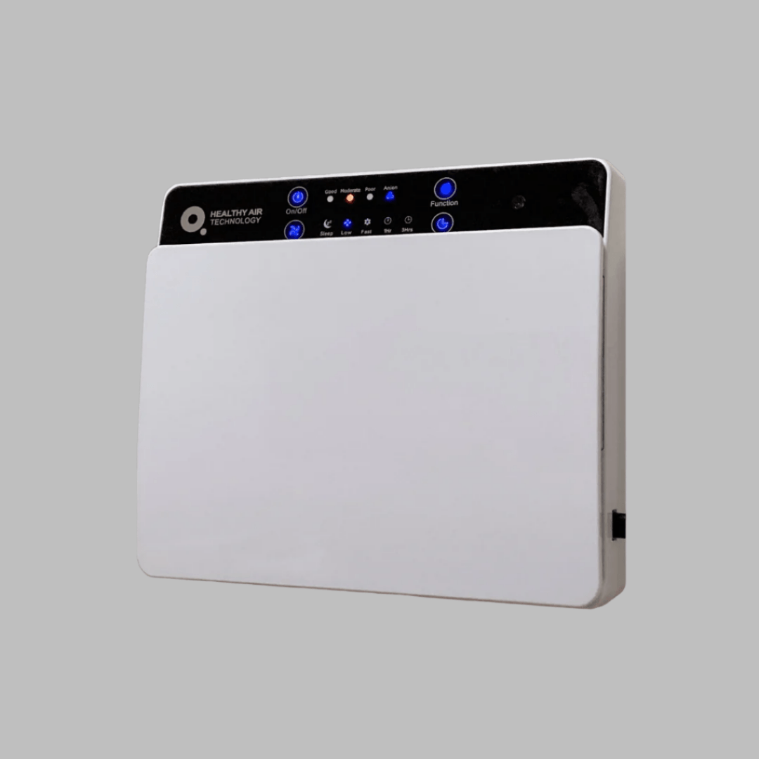 HA55-WM Air Purifier by Healthy Air Technology with wall-mounted compact design and LED control panel for clean air and allergy relief at home.