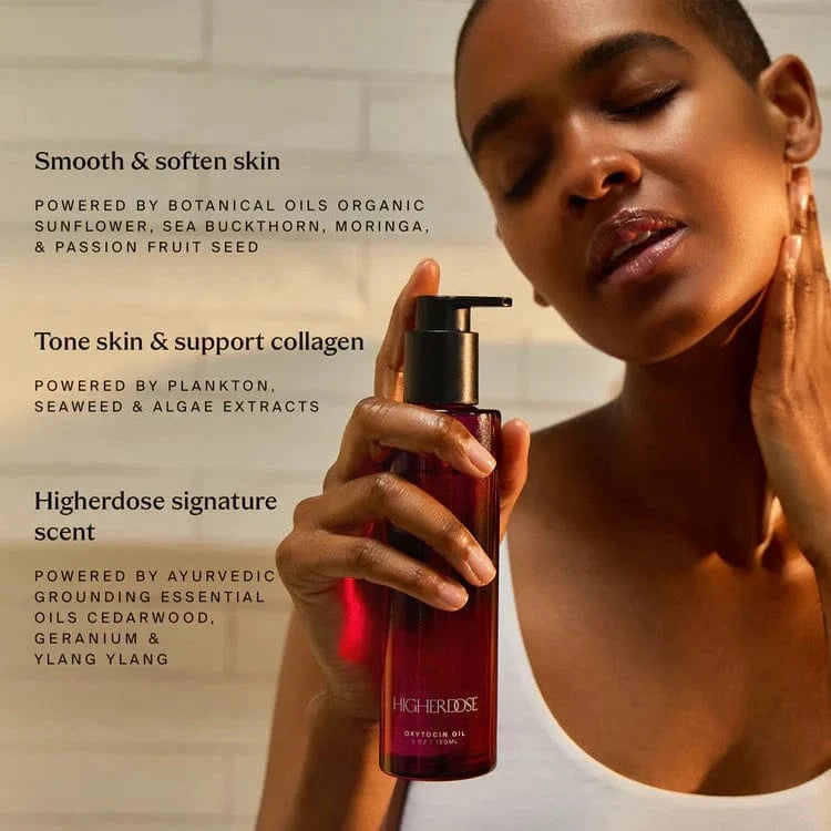 Top skin hydration with Oxytocin Hydrating Body Oil. Botanical extracts hydrate and tone for radiant skin, transforming everyday care into a ritual.