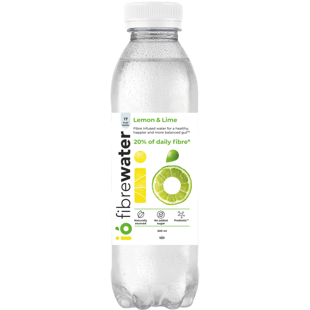 ió Fibrewater 12-Pack - 100% Daily Prebiotics in Lemon & Lime and Strawberry flavors. Vegan-friendly wellness drink for gut health support.