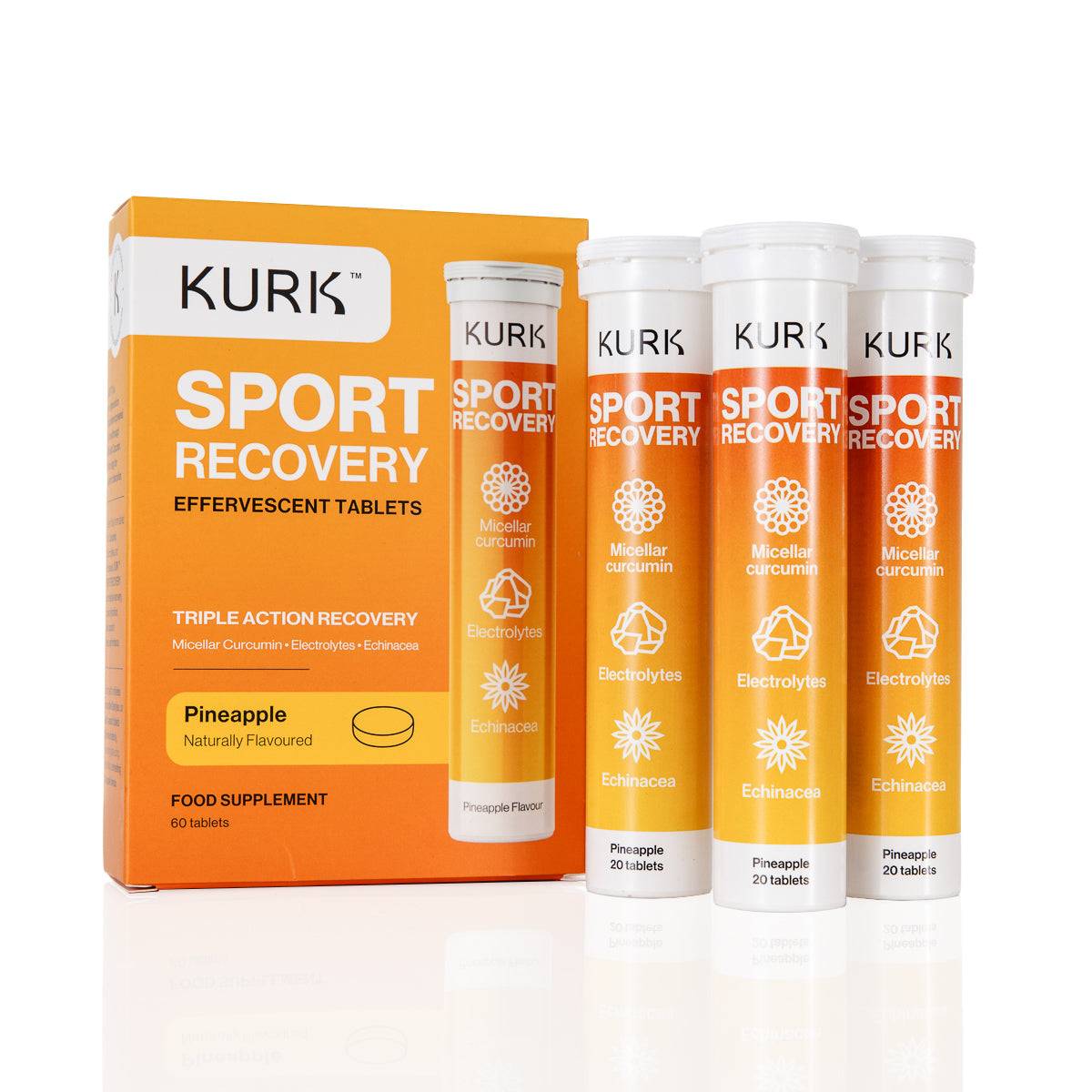 KURK Hydration Drink - Post-Exercise Muscle Recovery effervescent tablets in pineapple flavor with electrolytes, curcumin, and echinacea.