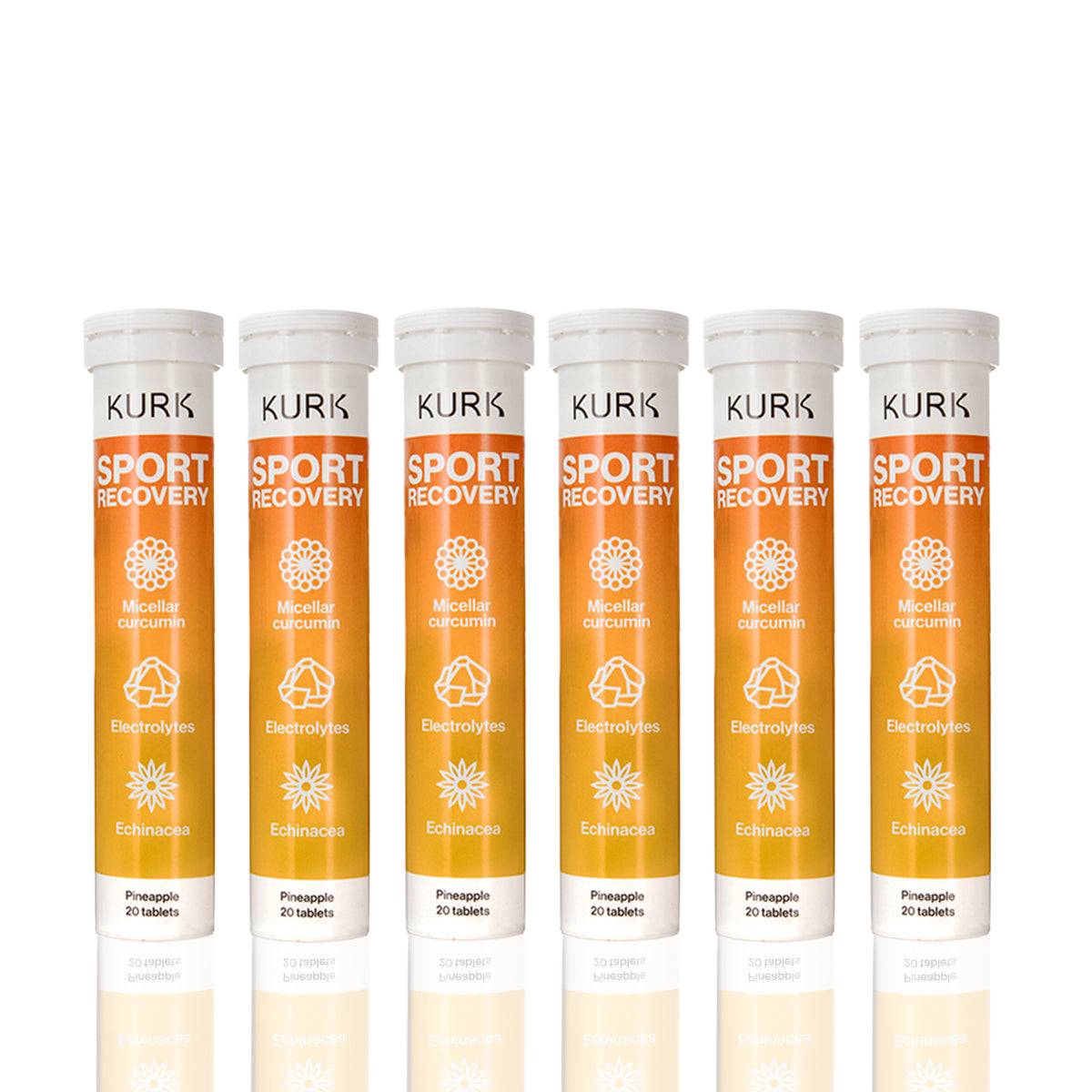 KURK Hydration Drink - Post-Exercise Muscle Recovery effervescent tablets in pineapple flavor with electrolytes, curcumin, and echinacea.