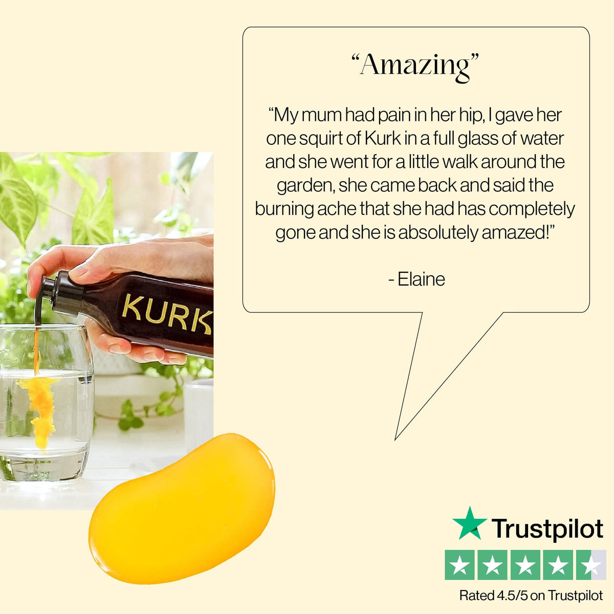 Kurk Cola Super Elixir - Health Booster | Curcumin Formula bottle beside a glass with curcumin infusion and turmeric powder, highlighting modern wellness.