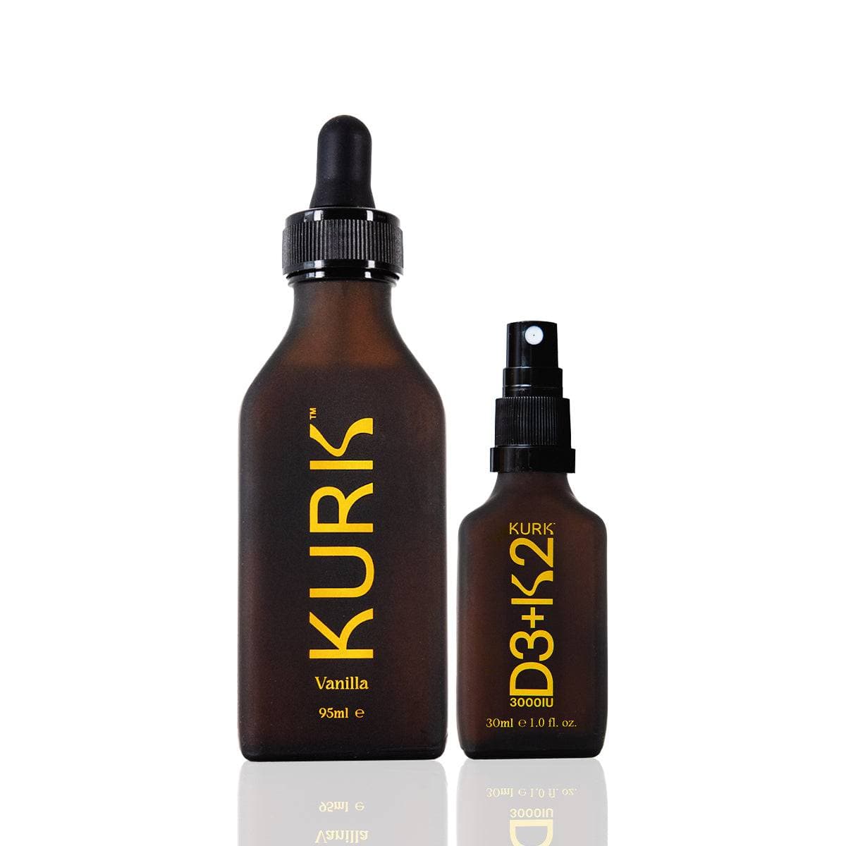 KURK Wellness Bundle - Daily Essentials with liquid curcumin and D3+K2 spray for joint support and immune health in sleek amber bottles.