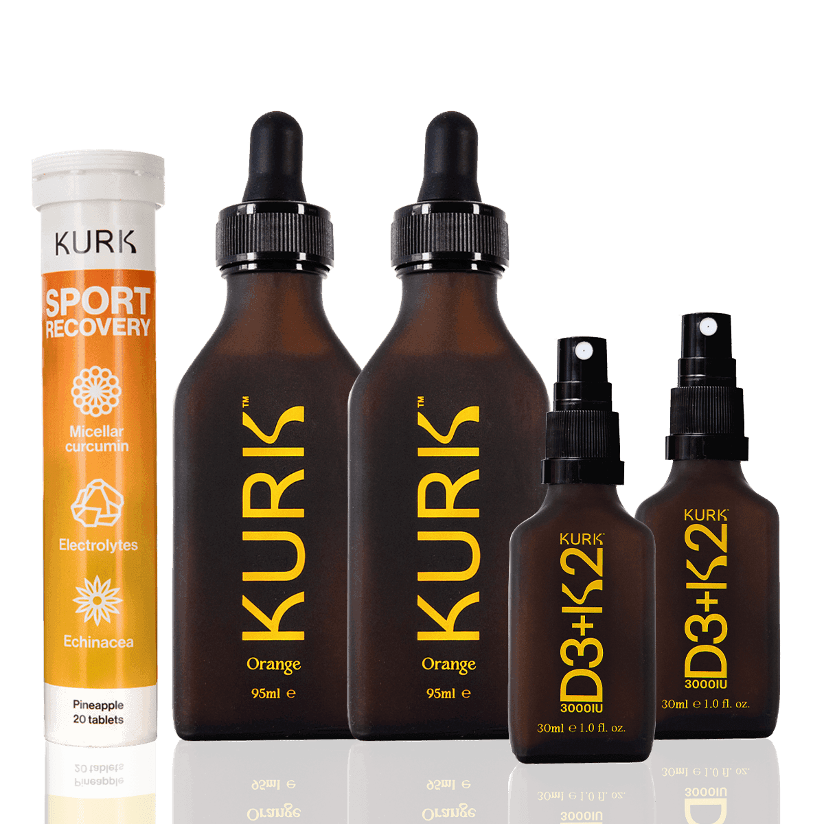 Kurk Family Wellness Pack - Benefits | Immunity, Vitality, Balance featuring micellar curcumin, Vitamin D3+K2 sprays, and sport recovery tablets.