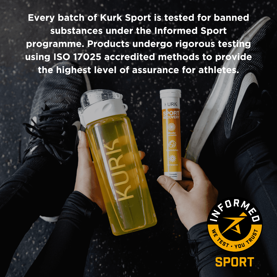 KURK Hydration Drink - Post-Exercise Muscle Recovery effervescent tablets in pineapple flavor with electrolytes, curcumin, and echinacea.