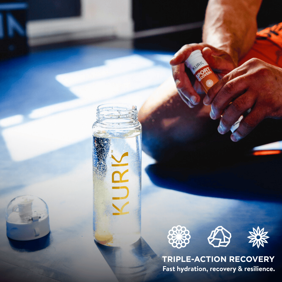 KURK Hydration Drink - Post-Exercise Muscle Recovery effervescent tablets in pineapple flavor with electrolytes, curcumin, and echinacea.