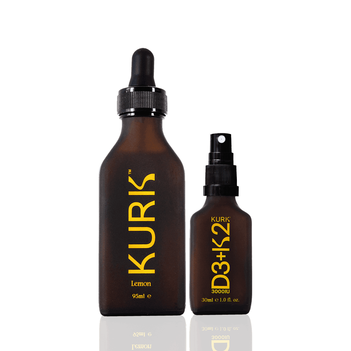 KURK Wellness Bundle - Daily Essentials with liquid curcumin and D3+K2 spray for joint support and immune health in sleek amber bottles.