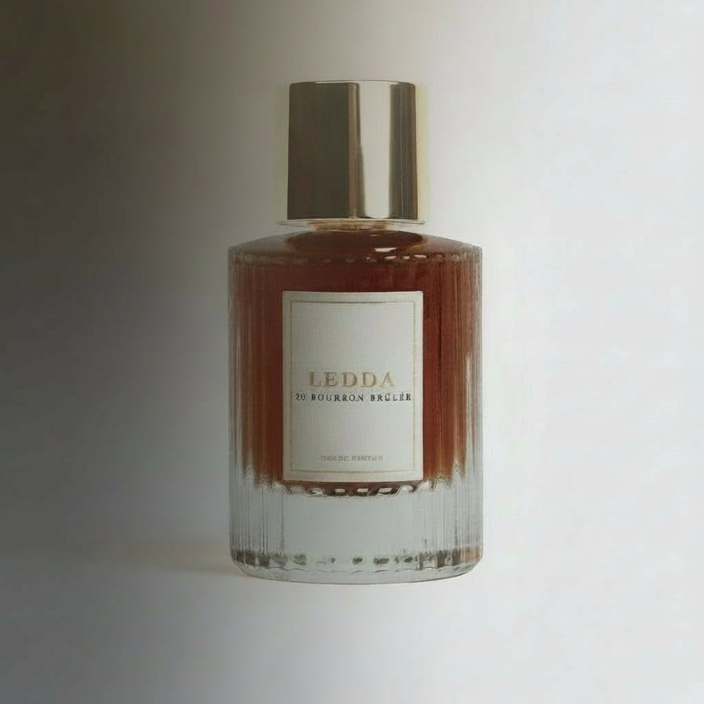 Bourbon Brûlée Eau De Parfum 50ml by Ledda in a clear ribbed glass bottle with gold cap, ideal for warm and indulgent fall scents.
