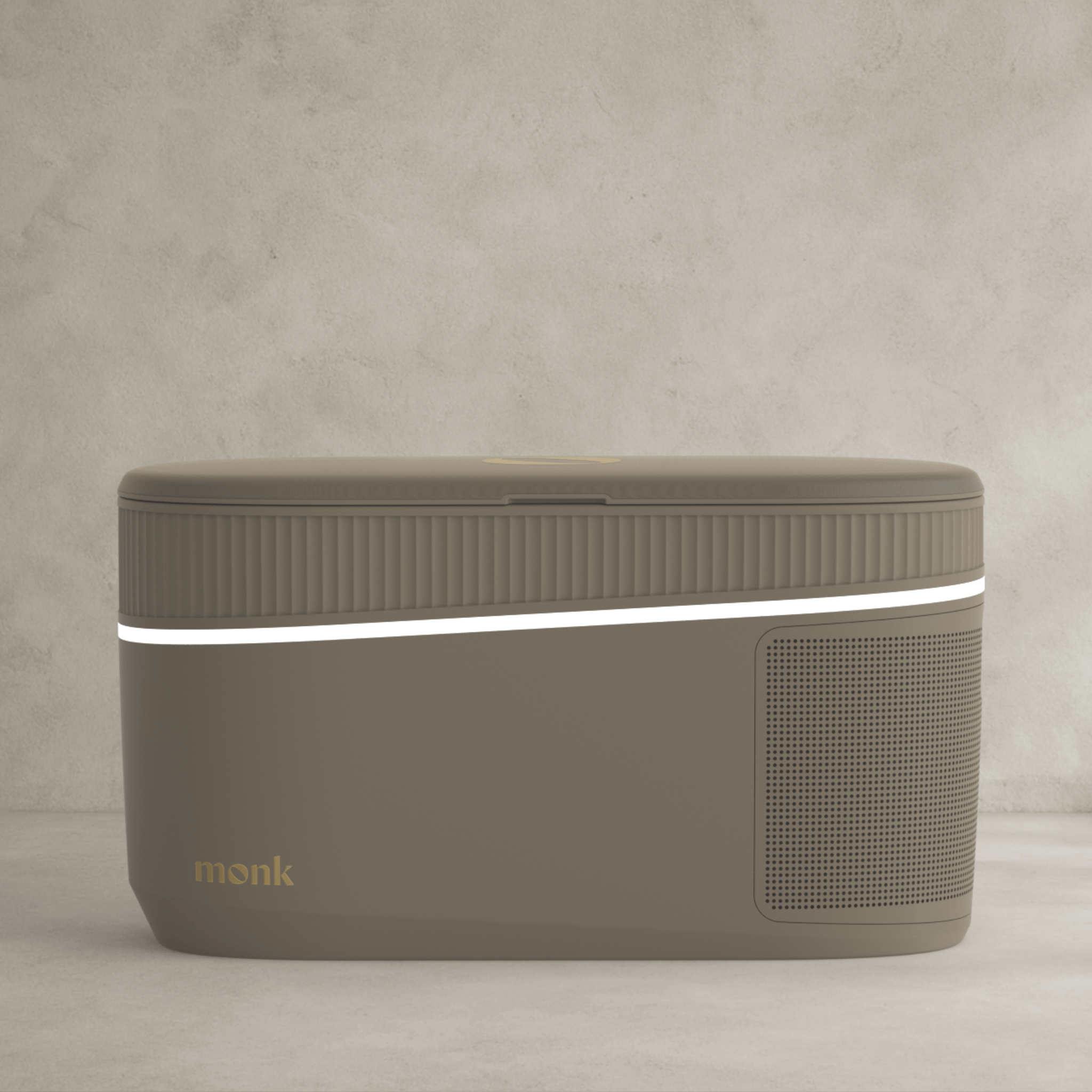 Monk Smart Ice Bath in taupe finish with sleek LED accent, showcasing modern cold therapy tech for home spa recovery and wellness routines.