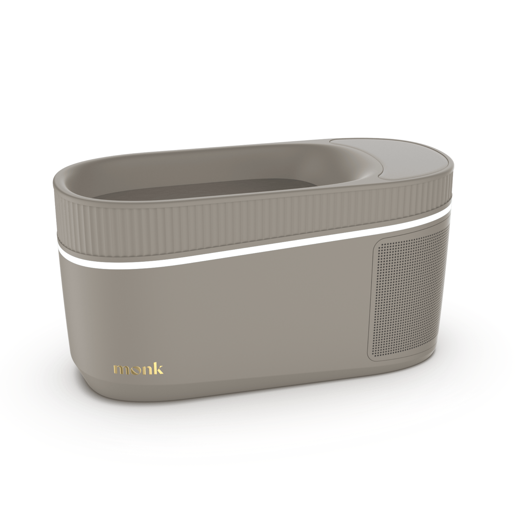 Monk Smart Ice Bath in taupe finish with sleek LED accent, showcasing modern cold therapy tech for home spa recovery and wellness routines.