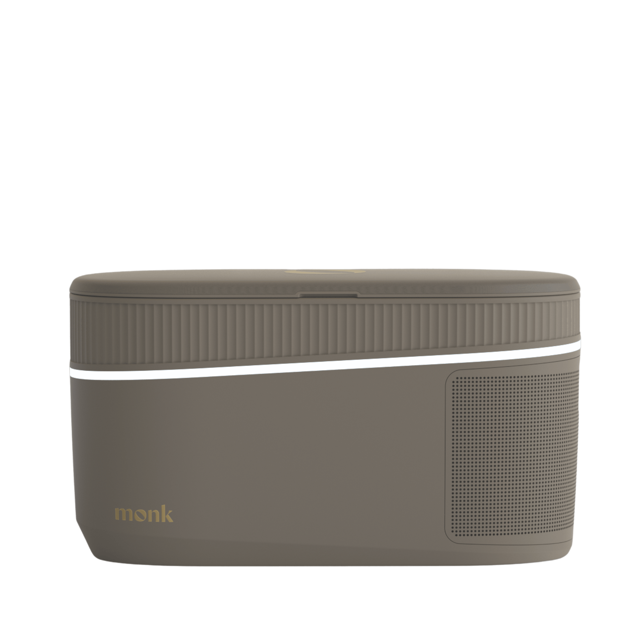 Monk Smart Ice Bath in taupe finish with sleek LED accent, showcasing modern cold therapy tech for home spa recovery and wellness routines.
