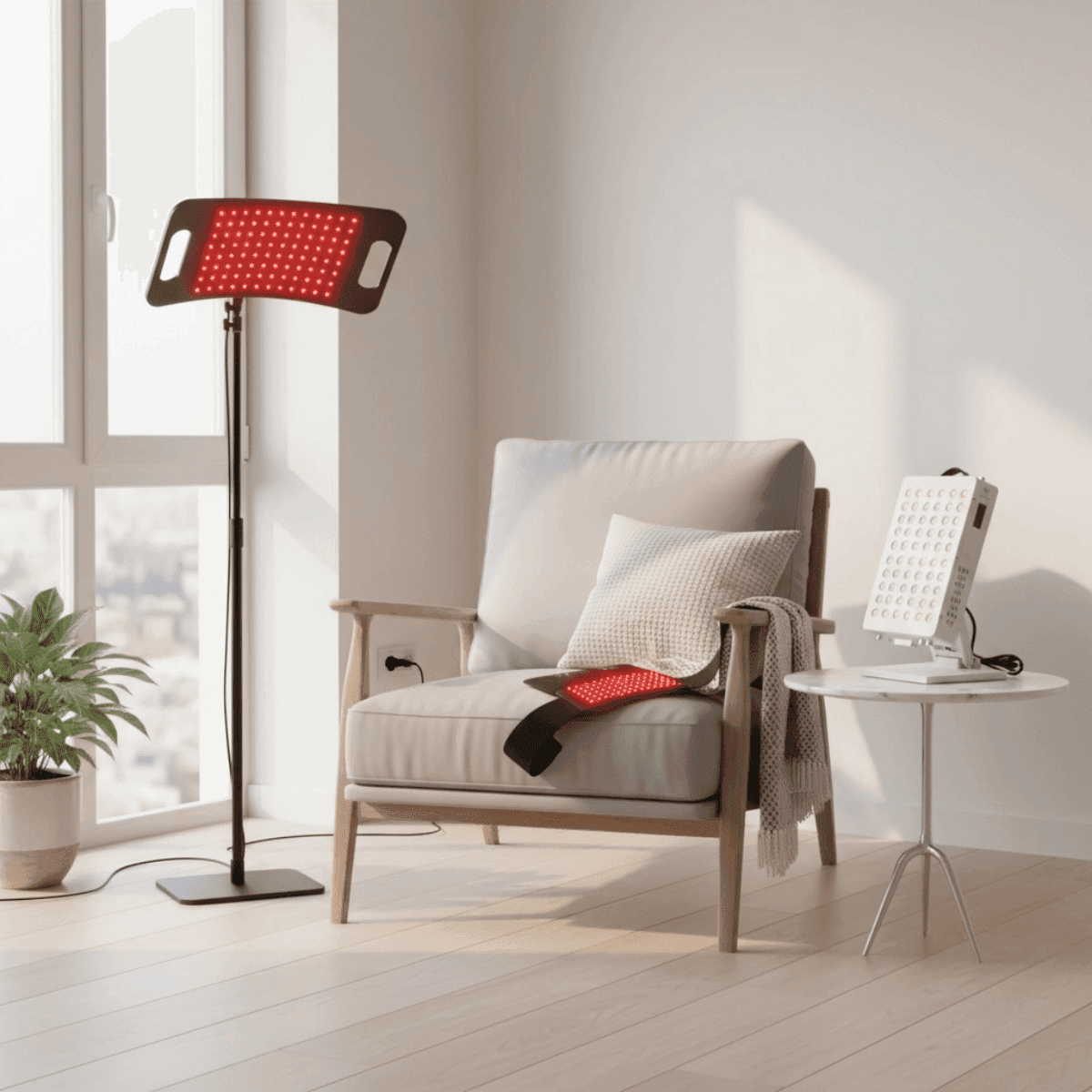 PRO Bundle Set - Advanced Athlete Recovery Kit arranged in a cozy room with red light therapy lamps ready for use in home recovery sessions.