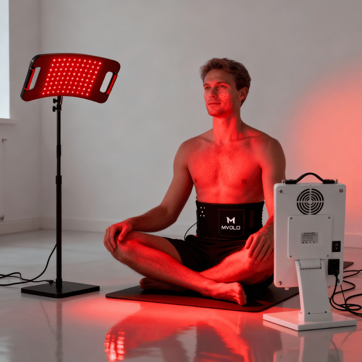 Man using PRO Bundle Set - Advanced Athlete Recovery Kit with red light therapy lamps in a cross-legged seated position for muscle recovery.
