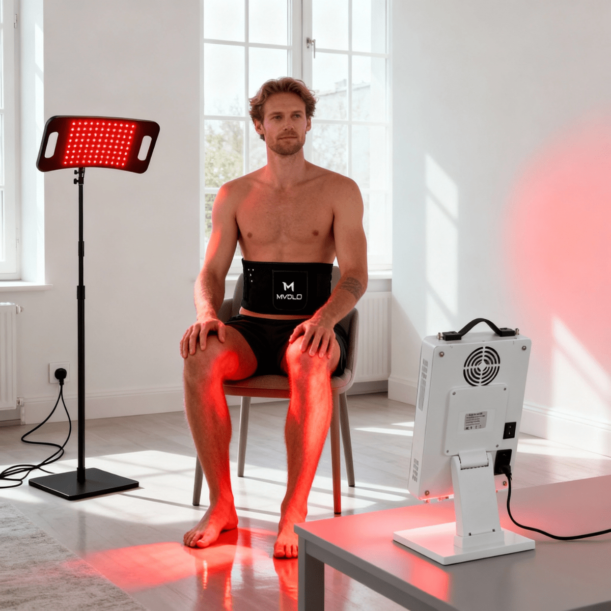 Athlete seated on chair using Advanced Athlete Recovery Kit: PRO Bundle Set with red light therapy for post-training recovery and performance boost.