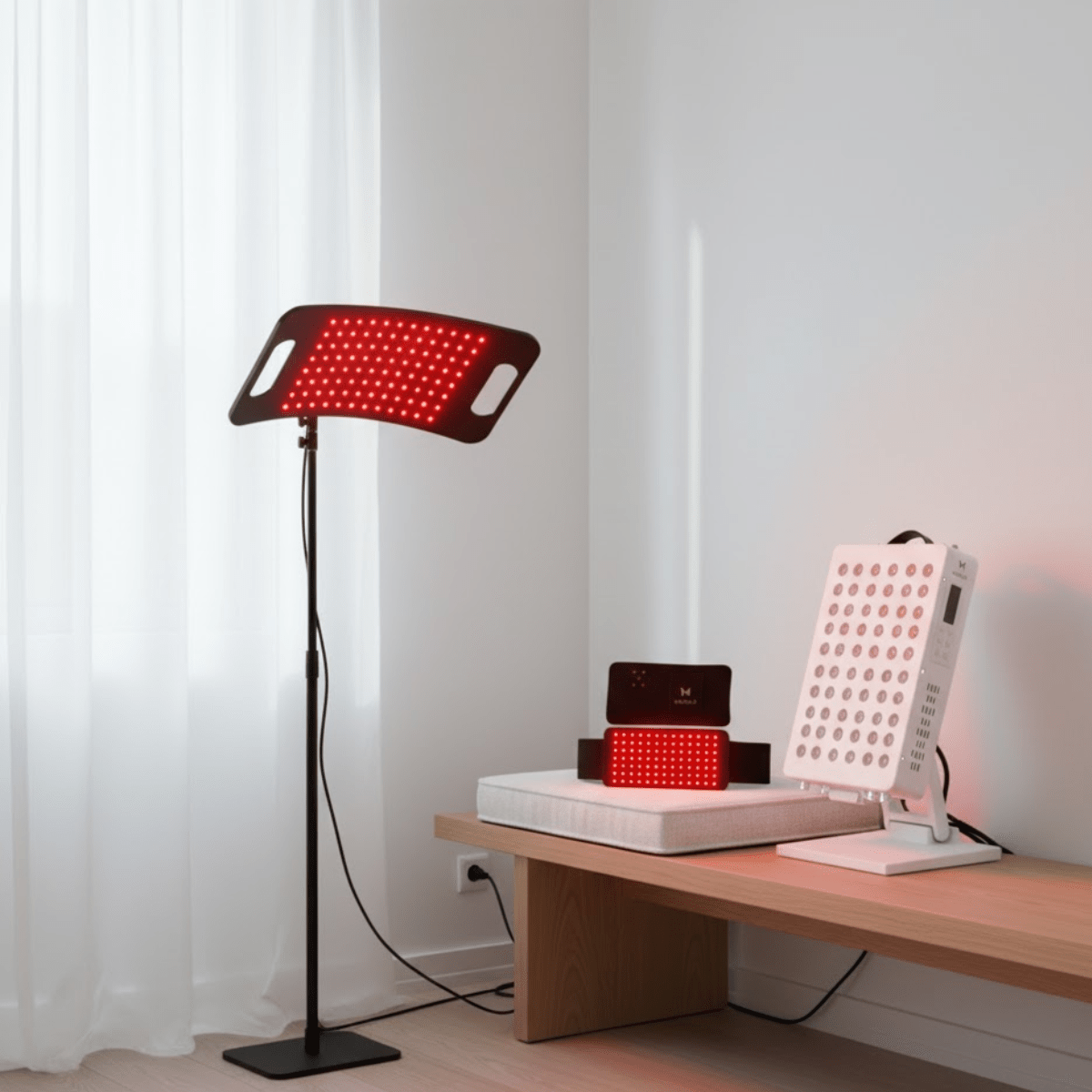 Advanced Athlete Recovery Kit: PRO Bundle Set featuring red light therapy lamps and wearable belt on a bench for muscle recovery and pain relief.