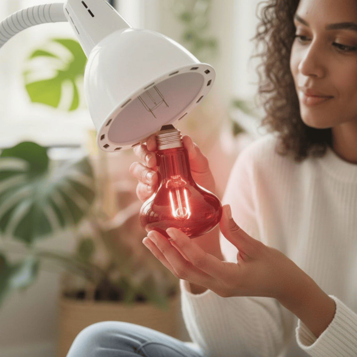 Close-up of woman inserting 300W Infrared Bulb into therapy lamp, ideal for red light therapy and muscle recovery sessions.