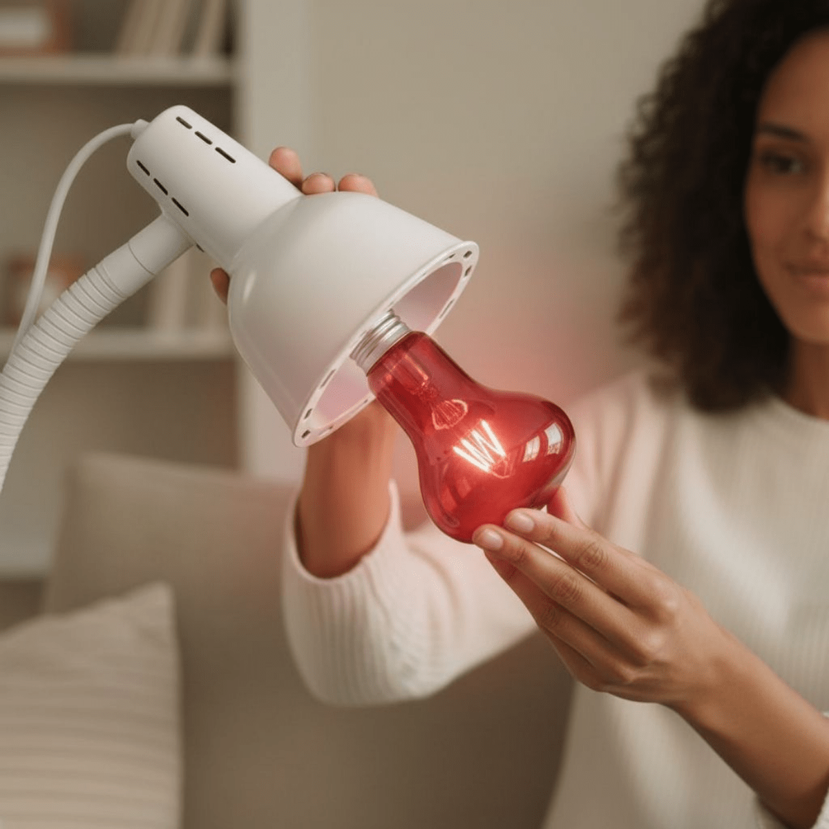 Woman installing 300W Infrared Bulb for Red Light Therapy into a white lamp for pain relief and skin health improvement at home.