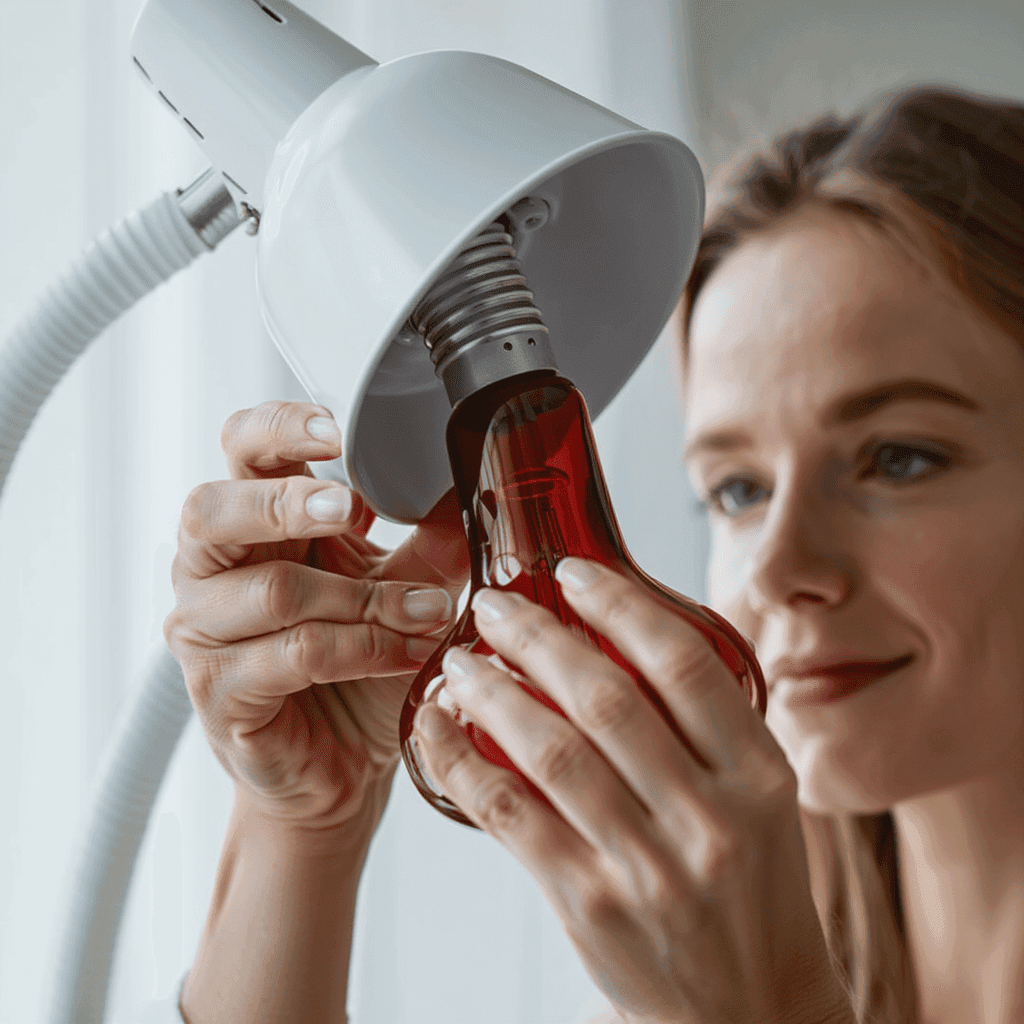Close-up of woman screwing in 300W Infrared Bulb into light therapy device for warmth therapy and chronic pain relief.