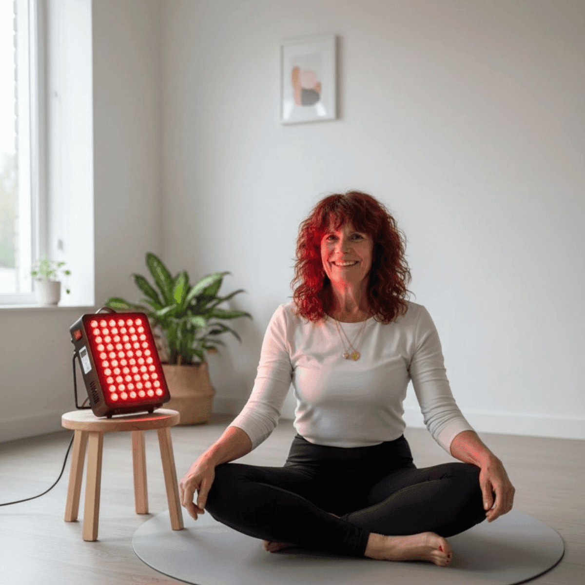 Smiling woman in yoga pose with Elite Series 206 - Red Light Therapy Device on stool, promoting skin health and muscle recovery in a serene setting.