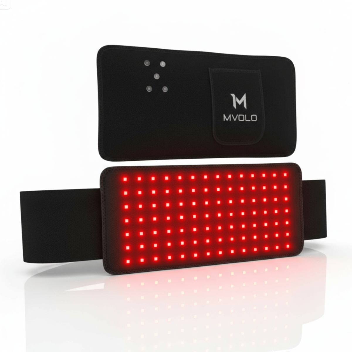 Close-up of Red Light Therapy Band with glowing LEDs; designed for effective back pain relief and muscle recovery.