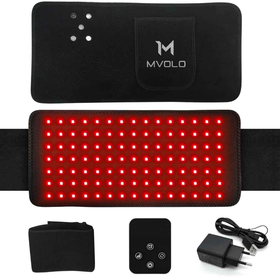 Complete Red Light Therapy Band set with charger and remote; ideal for targeted back pain relief and home light therapy.