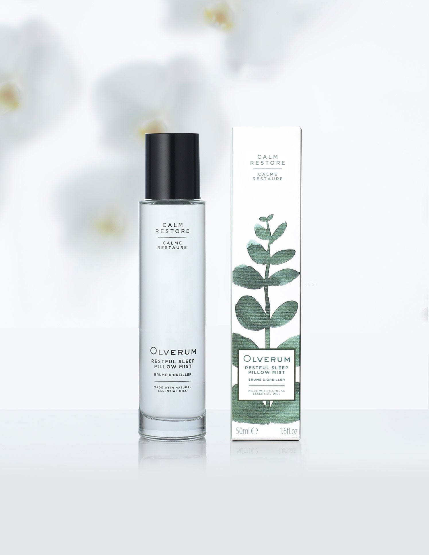 Olverum Restful Sleep Pillow Mist 50ml with box, featuring calming botanical design for bedtime aromatherapy and relaxation.