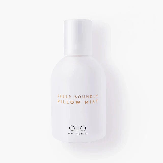 Sleep Soundly Pillow Mist by OTO in minimalist white bottle, featuring calming chamomile and lavender for restful sleep and stress relief.