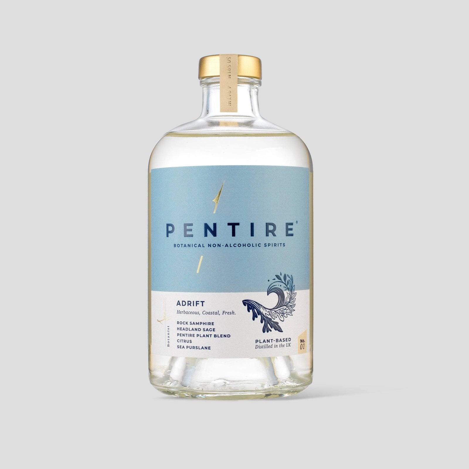 Pentire Adrift is a botanical non-alcoholic spirit distilled with rock samphire and citrus, capturing Cornwall's coastal essence for vibrant mocktails.