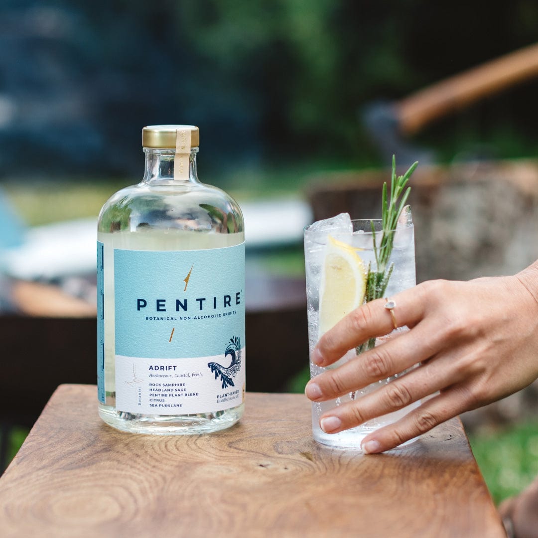 Pentire Adrift is a botanical non-alcoholic spirit distilled with rock samphire and citrus, capturing Cornwall's coastal essence for vibrant mocktails.