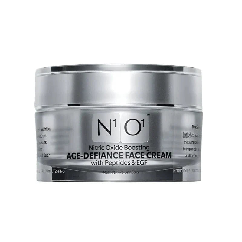N¹O¹ Age-Defiance Face Cream with peptides and EGF in a silver jar, designed to reduce fine lines and boost skin vitality with nitric oxide.