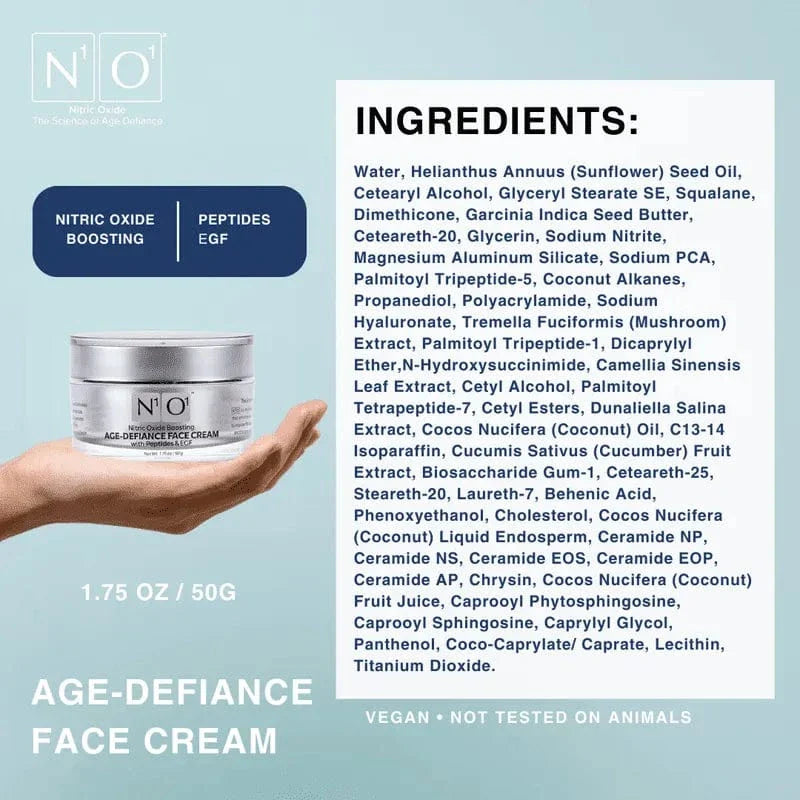 N¹O¹ Age-Defiance Face Cream with peptides and EGF in a silver jar, designed to reduce fine lines and boost skin vitality with nitric oxide.