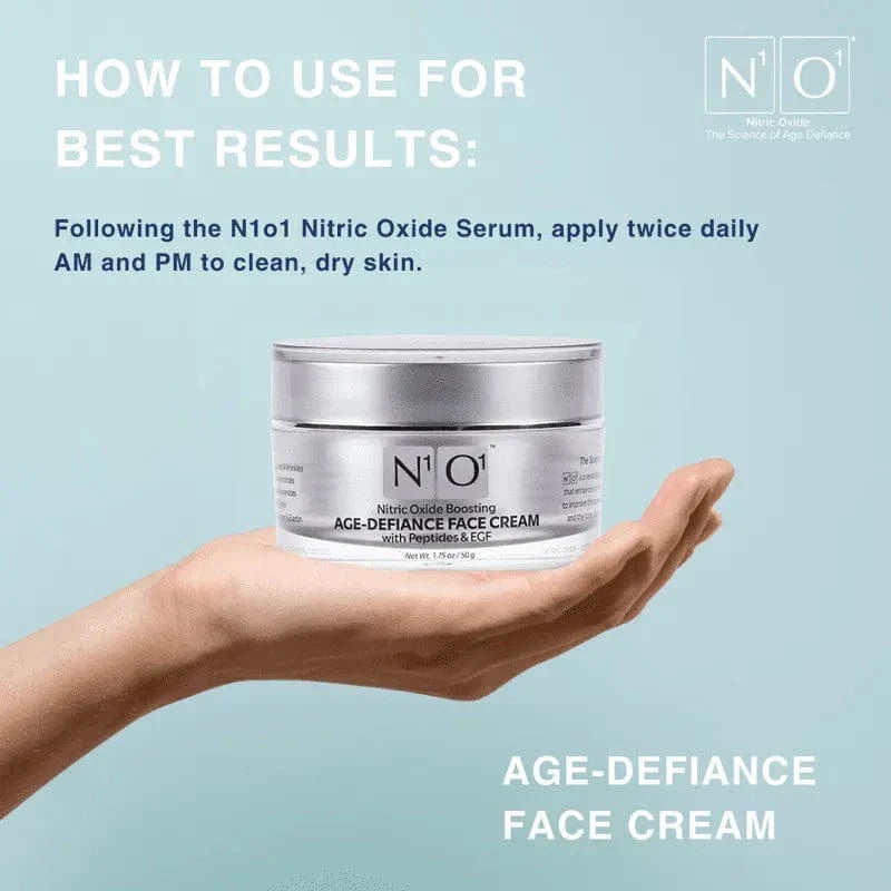 N¹O¹ Age-Defiance Face Cream with peptides and EGF in a silver jar, designed to reduce fine lines and boost skin vitality with nitric oxide.