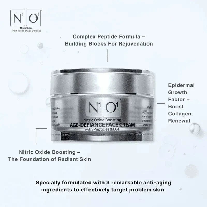 N¹O¹ Age-Defiance Face Cream with peptides and EGF in a silver jar, designed to reduce fine lines and boost skin vitality with nitric oxide.