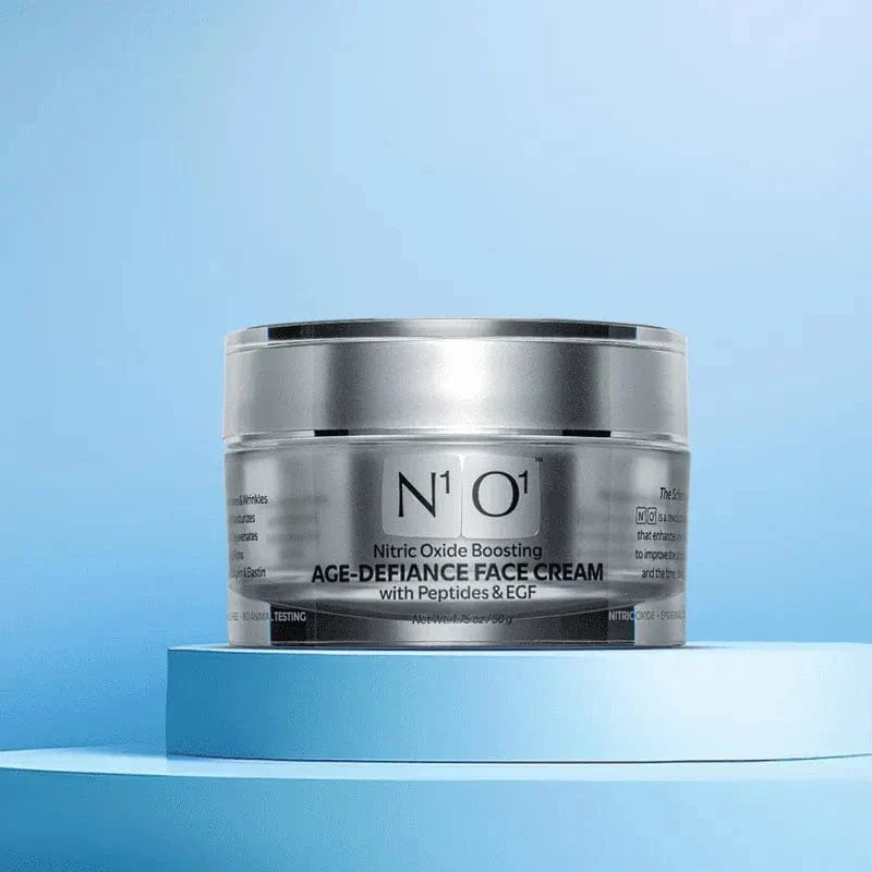 N¹O¹ Age-Defiance Face Cream with peptides and EGF in a silver jar, designed to reduce fine lines and boost skin vitality with nitric oxide.