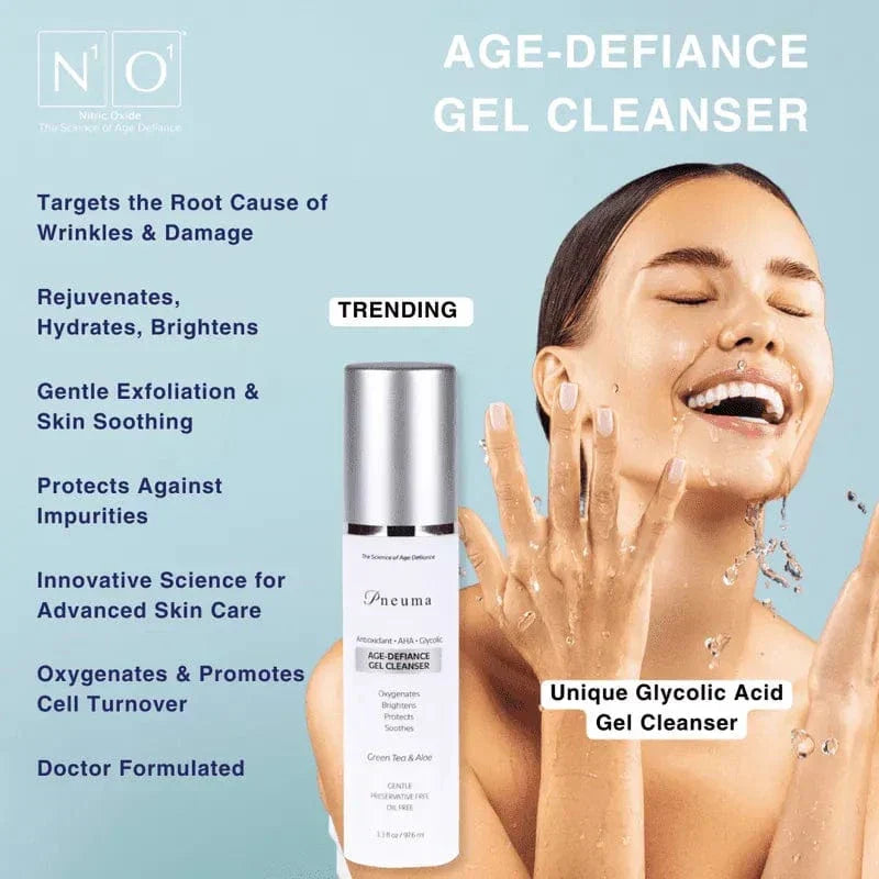 Age-Defiance Gel Cleanser by Pneuma with green tea and aloe in sleek silver pump bottle. Anti-aging botanical formula for gentle daily facial cleansing.