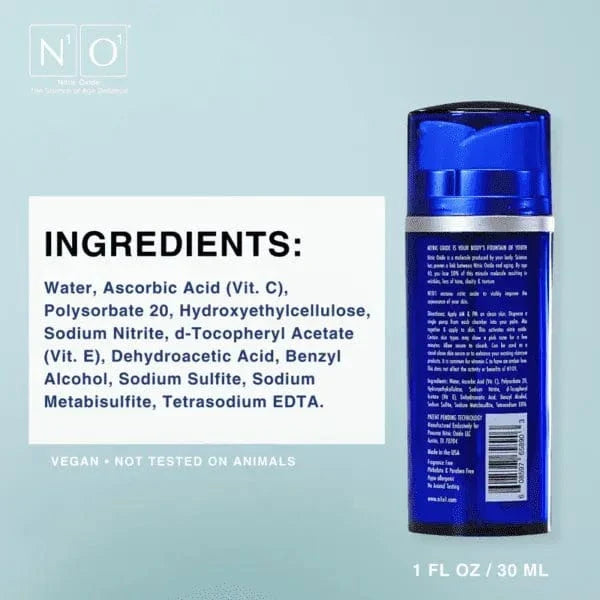 Age-Defiance Serum - Rejuvenate Skin | Reduce Wrinkles with Nitric Oxide and Vitamin C in a 30ml blue bottle for all skin types.