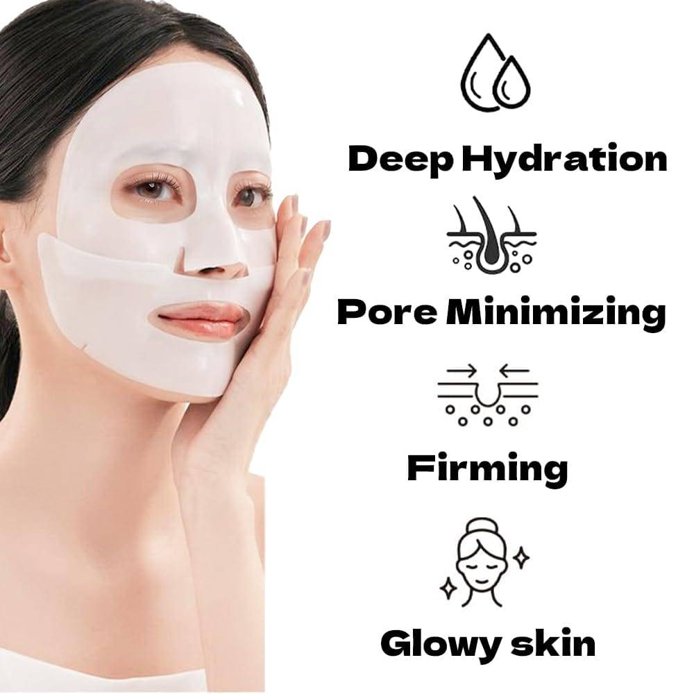Woman applying Bio Collagen Face Mask for overnight hydration and rejuvenation. Promotes glowing skin with deep moisture and brightening effects.