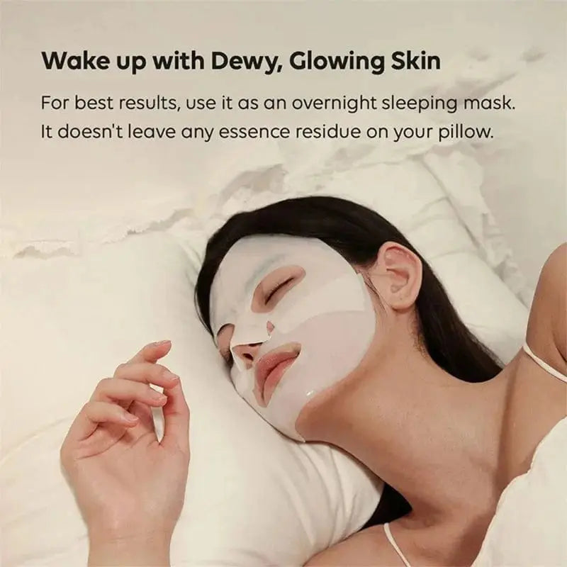Woman applying Bio Collagen Face Mask for overnight hydration and rejuvenation. Promotes glowing skin with deep moisture and brightening effects.