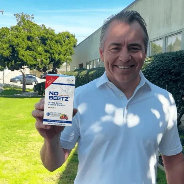 N.O. Beetz nitric oxide supplement box with 30 mixed berry flavor stick packs, featuring beetroot, berries, and natural energy support.