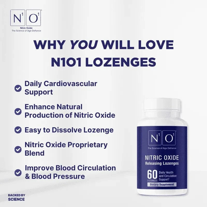 N1o1 Nitric Oxide Lozenges bottle with 60 lozenges for circulation and heart health support. Science-backed nitric oxide booster supplement.