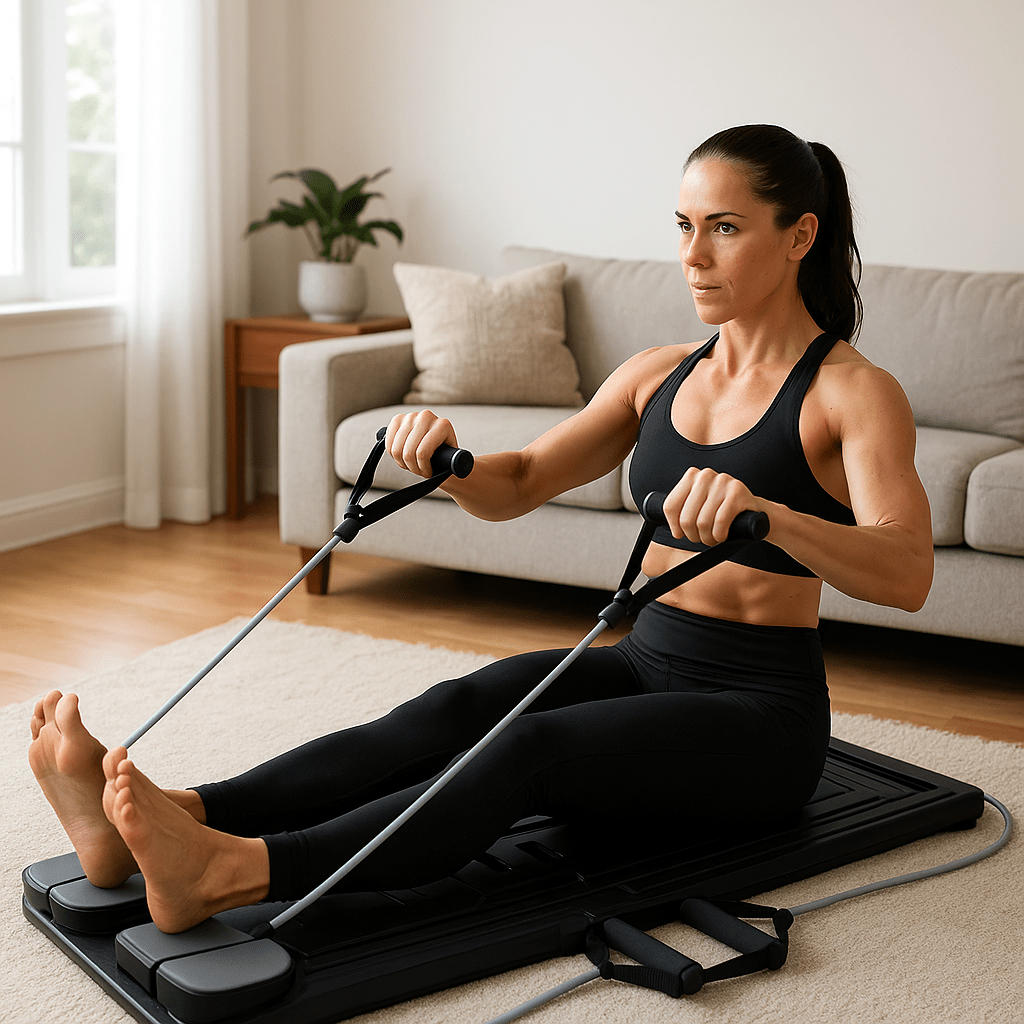 Foldable Pilates Reformer - Tone Core & Flex at Home shown in use for full-body workouts, targeting core, hips, and lower back with 4-in-1 functionality.