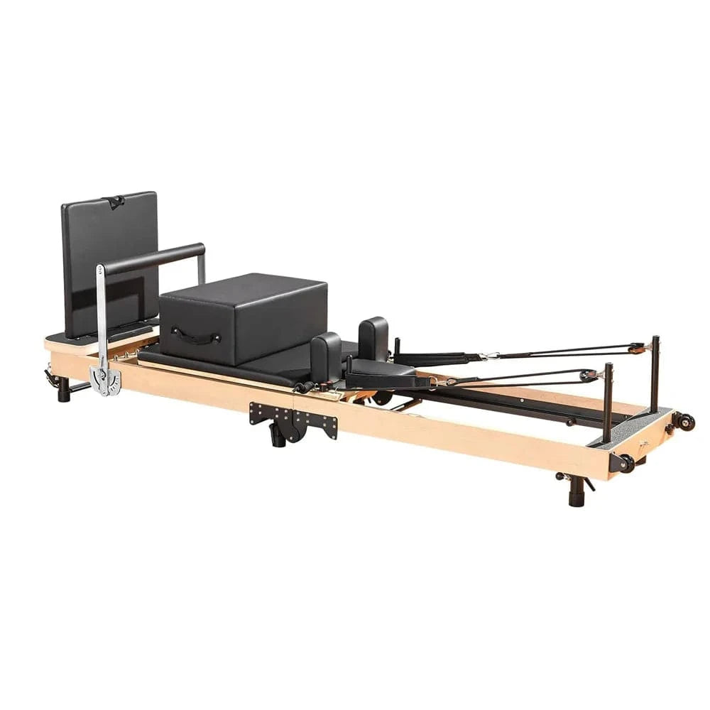 Home Folding Pilates Reformer – Compact & Portable with black padding and wooden frame, ideal for small spaces and home gyms.