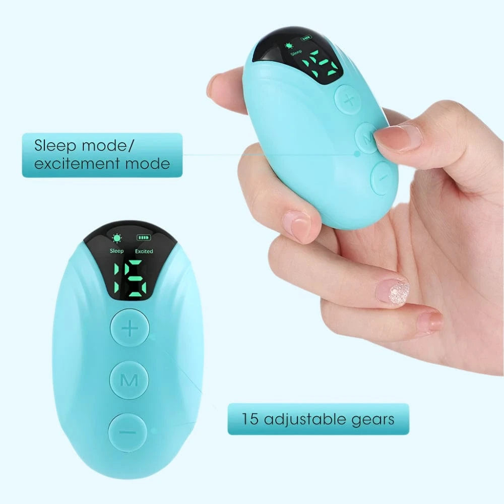 Sleep Aid Device – Rechargeable, Smart & Comfortable shown in use by a woman in bed, promoting deep rest and stress relief with ergonomic design.