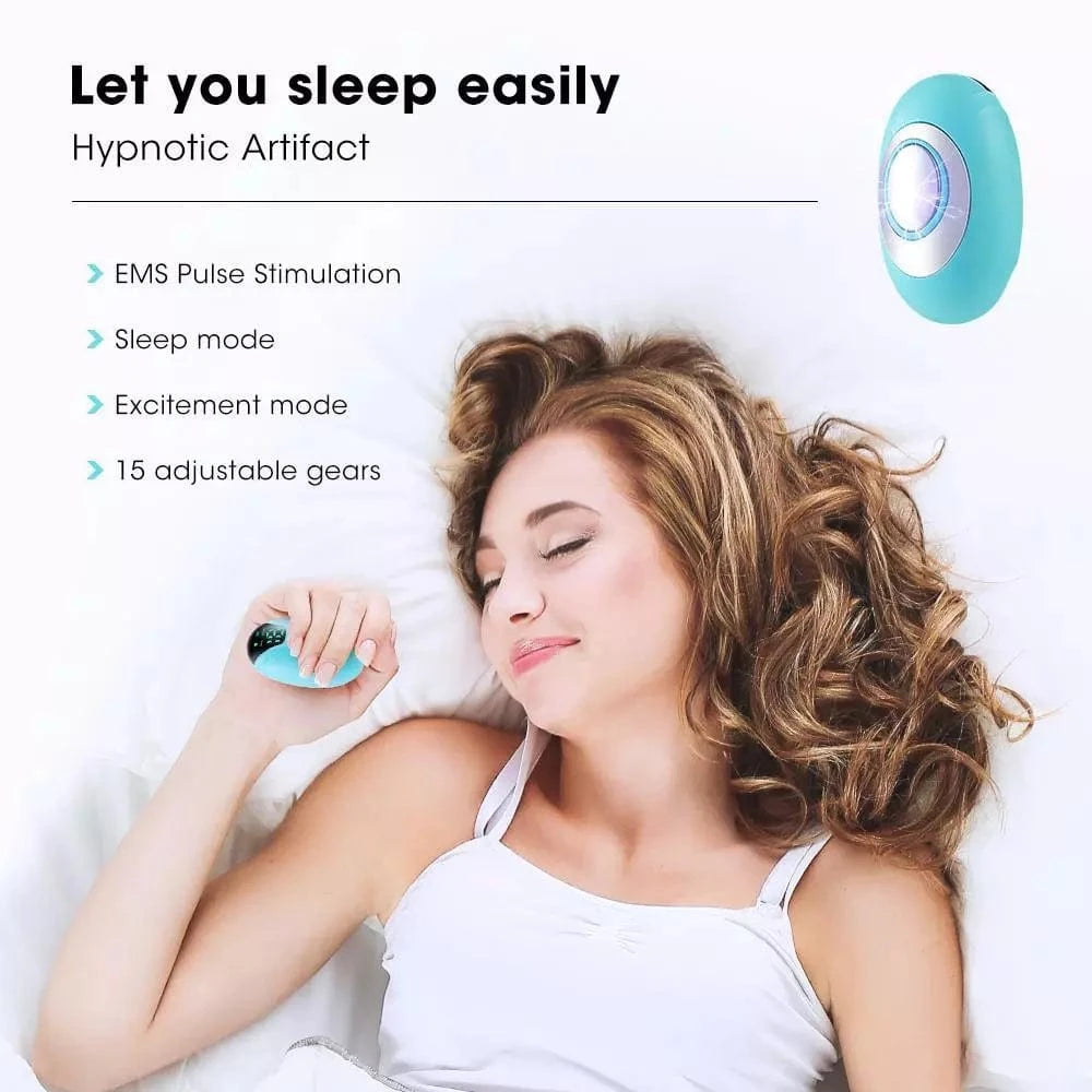 Sleep Aid Device – Rechargeable, Smart & Comfortable shown in use by a woman in bed, promoting deep rest and stress relief with ergonomic design.