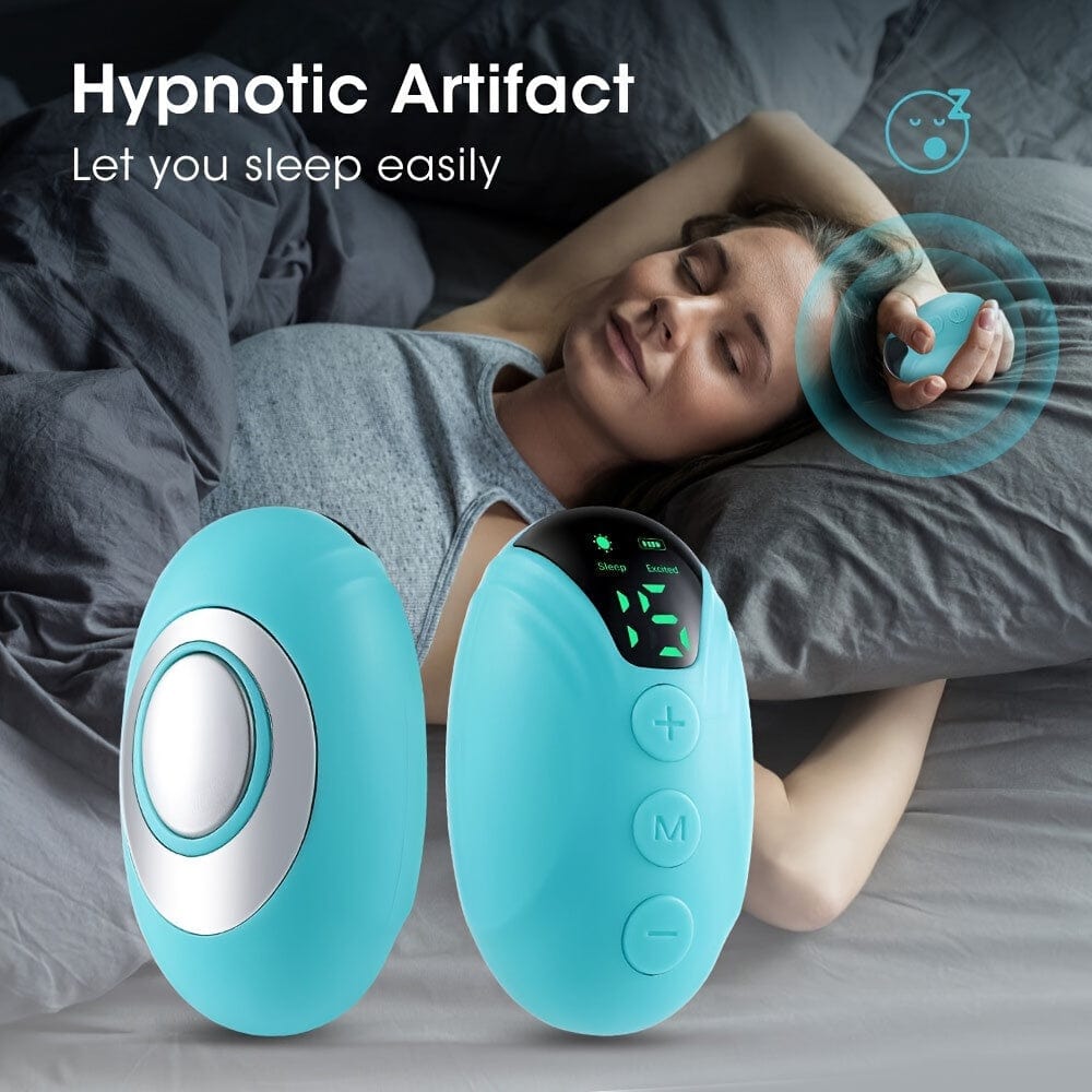 Sleep Aid Device – Rechargeable, Smart & Comfortable shown in use by a woman in bed, promoting deep rest and stress relief with ergonomic design.